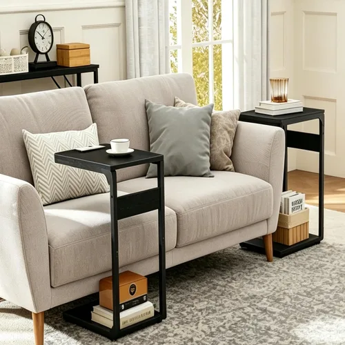Vista 3 de Mesa auxiliar pequeña con pedestal de madera para sofá, mesa auxiliar en forma de C, bandejas de TV para comer, bebidas de café, cena, comida
