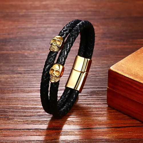 Vista 4 de NMQLX Pulsera de cuero, pulsera de calavera punk, pulseras de cuero trenzadas, pulsera gótica vintage para hombres