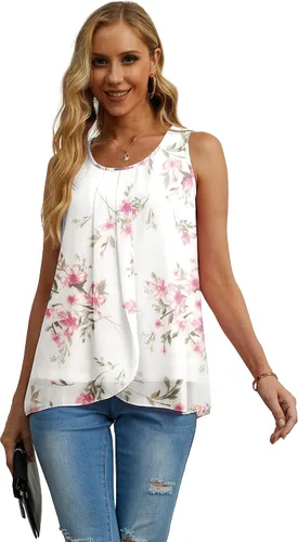 Vista 3 de IWOLLENCE Camiseta sin mangas de gasa para mujer, de verano, de doble capa, holgada, cuello redondo, estilo casual
