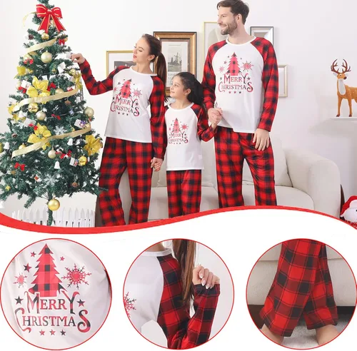 Vista 4 de Conjunto de pijama de Navidad familiar a juego lindo top con impresión pantalones a cuadros pijamas de vacaciones para mujereshombresniñosparejas