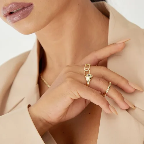 Vista 4 de KissYan Juego de anillos de oro para mujer, chapados en oro de 14 quilates, apilables, abiertos, con sello trenzado, ajustable, delicado, joyería
