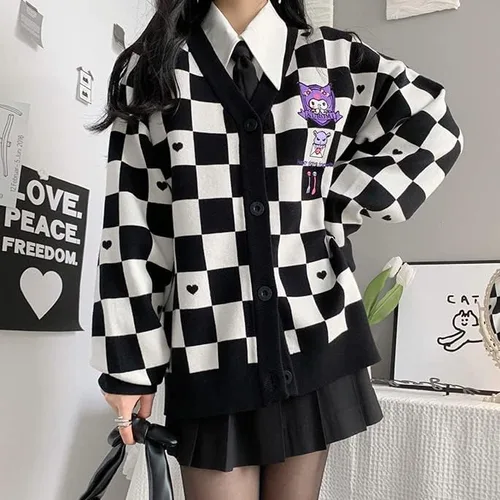 Vista 2 de Suéter Kawaii de anime a cuadros para mujer disfraz de cosplay con cuello en V manga larga