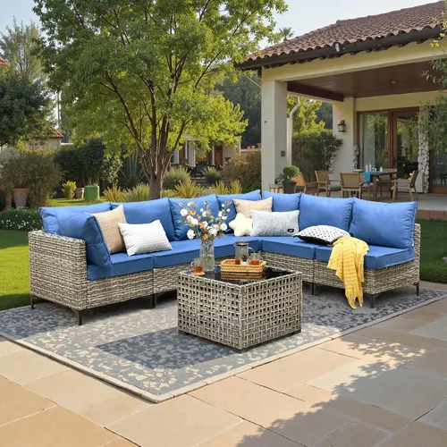 Vista 33 de ovios Muebles de patio de 8 piezas con hoguera, juego de conversación de mimbre de ratán para exteriores con mesa de centro brillante, cómodo sofá