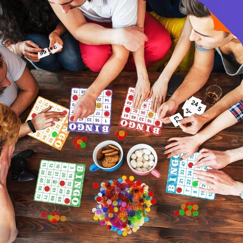 Vista 2 de Paquete de 100 tarjetas de juego de bingo de números, hojas de papel desechables reutilizables multicolor para niños, juegos de mesa de bingo