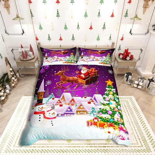 Vista 28 de Juego de funda de edredón con diseño de ciervo de cabaña, tamaño twin, juego de ropa de cama rústica de tablón de madera de árbol de Navidad
