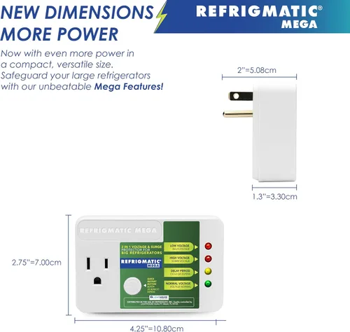 Vista 6 de Refrigmatic MEGA, protector electrónico de voltaje y sobretensiones 2 en 1 para refrigeradores de dos puertas de 27 pies cúbicos o más - 1005J