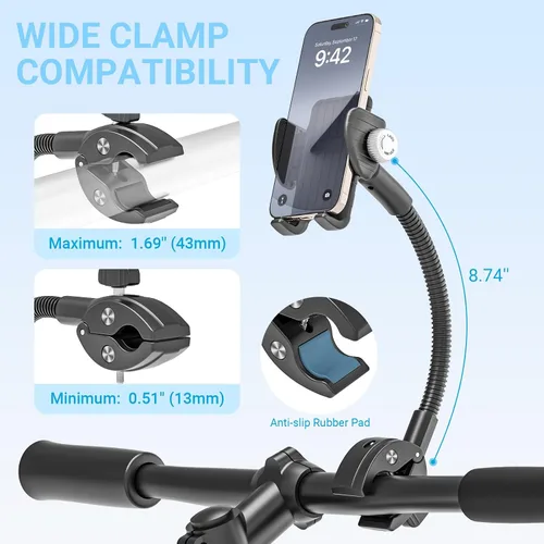 Vista 3 de Soporte de teléfono para bicicleta, soporte universal de cuello de cisne ajustable de 360°, instalación sin herramientas para bicicleta, scooter