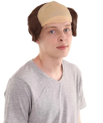 Vista 8 de Peluca de padre fraile calvo marrón para hombre adulto, cabello liso marrón con gorra calva de piel, perfecta para tu fiesta de Halloween y cosplay