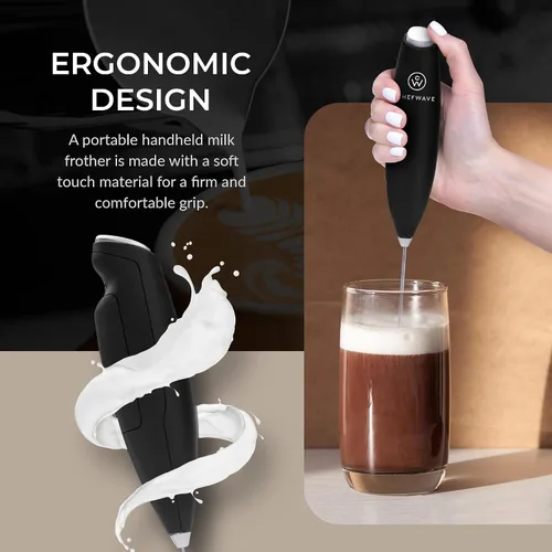Vista 4 de Chefwave Espumador de leche portátil, funciona con pilas (negro) Batidor de acero inoxidable a batería, motor de titanio de 14.000 rpm, espuma