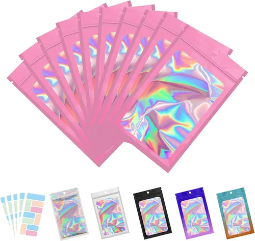 Vista 8 de Paquete de 100 bolsas de Mylar con ventana transparente, holográficas, a prueba de olores, para pequeñas empresas, bolsas resellables