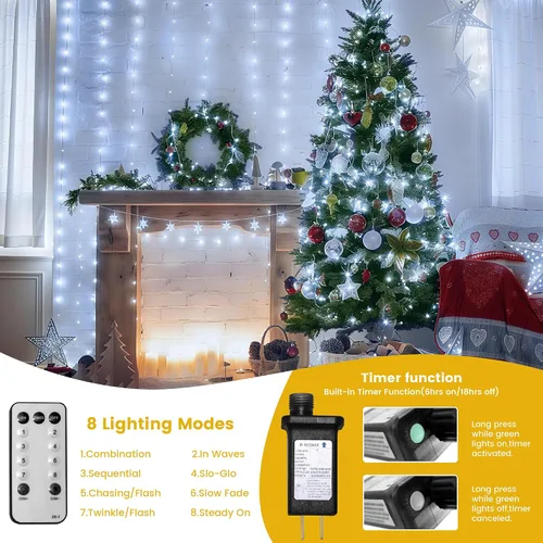 Vista 3 de Luces de Navidad de Cadena para Interiores y Exteriores con Alambre Transparente, 200 LED 66 Pies Enchufables, Luces de Navidad Blancas