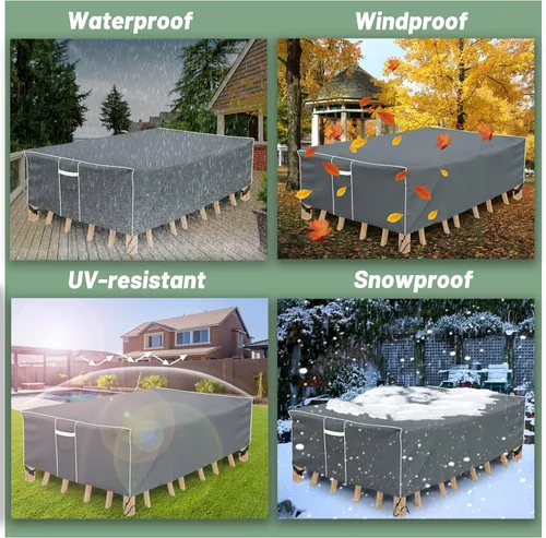Vista 6 de Funda para mesa de patio, impermeable, rectangular, resistente 500D, protección para todo tipo de clima, para muebles de exterior, 90 pulgadas