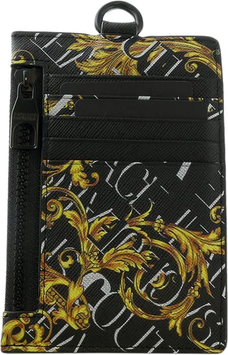 Vista 4 de Versace Jeans Couture Tarjetero de cuero barroco de cuero negro con patrón de cepillo para hombre, Negro Oro
