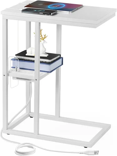 Vista 11 de Vagusicc Mesa auxiliar en forma de C con estación de carga, mesa auxiliar pequeña para sofá, mesa auxiliar de aperitivos con puertos USB y salidas
