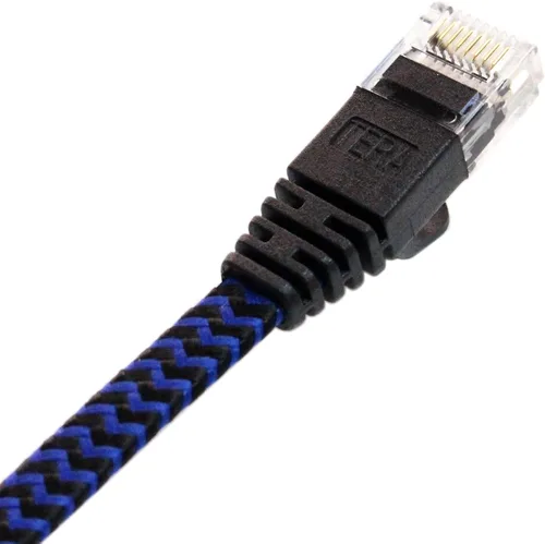 Vista 2 de Cable de red trenzado ultra plano CAT6 10 Gigabit Ethernet de 6 pies, negro/azul, cable LAN de Internet para computadora con conectores RJ45 sin