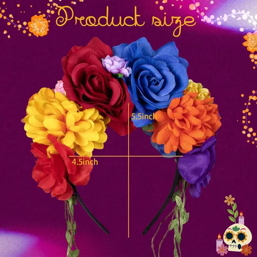 Vista 3 de OAOLEER Day of the Dead Mexican Rose Flower Crown Headband for Women Halloween Party Costume Headpiece Bridal Cosplay,1PCS