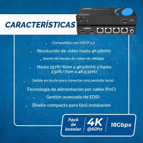 Vista 8 de OREI Divisor extensor HDMI 4K 1x4 sobre cable CAT6 de 230 pies, salida