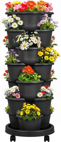 Vista 16 de VECELO Macetero vertical de 5 niveles, apilables, con ruedas para fresas, hierbas, flores, verduras, color negro