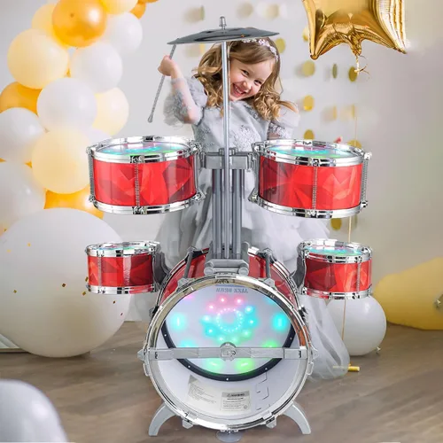 Vista 6 de Juego de batería para niños de 1-3, 3-5 años, con taburete, soporte más alto de juguetes musicales para niños pequeños, batería roja para niñas