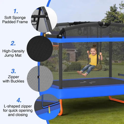 Vista 5 de LANGXUN Trampolín rectangular de 6 pies para niños, trampolín 5 en 1, aprobado por ASTM para interiores y exteriores, mini trampolín con red de Azul