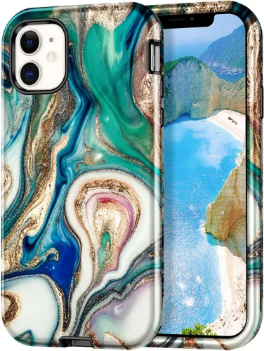 Vista 10 de CASEFIV Funda compatible con iPhone 11, patrón de mármol 3 en 1, resistente a prueba de golpes y caídas, cuerpo completo, policarbonato duro