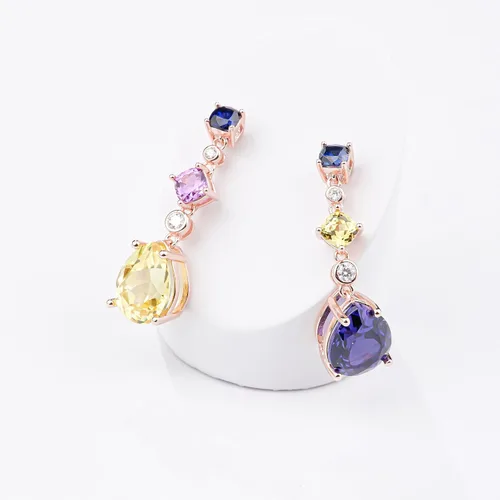 Vista 4 de Aretes de plata de ley para mujer, aretes de piedras preciosas con corte de pera, aretes largos de piedra de zafiro múltiple