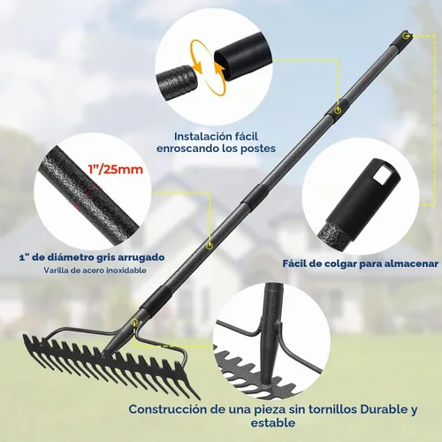 Vista 4 de Rastrillo de jardín, cabeza extra ancha de doble cara de 17 pulgadas, rastrillo de hojas de acero inoxidable resistente y ligero de 63 pulgadas