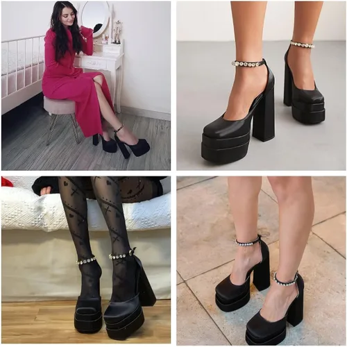 Vista 5 de onlymaker Women's Chunky Heel Platform Sandals Crystal Clasp Square Toe Rhinestone Ankle Strap Satin Pumps