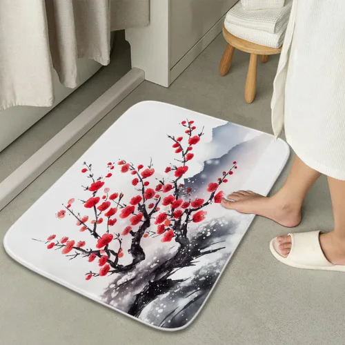 Vista 4 de Alfombra de baño floral con ramas de flor de ciruelo, terciopelo coral, tapete de ducha antideslizante para baño, árbol de flores