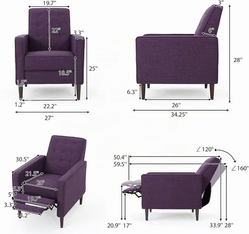 Vista 13 de GDFStudio Macedonia - Sillón reclinable de tela con respaldo copetudo, moderno Pizarra / Espresso oscuro