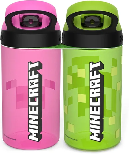 Vista 3 de Zak Designs Minecraft - Botella de agua para niños con popote y asa de transporte integrado, hecha de plástico, diseños de botellas de agua a prueba