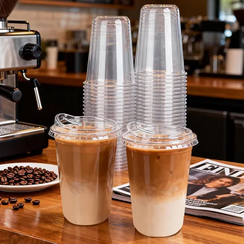 Vista 5 de GGOLDMER Juego de 25 vasos de plástico transparente con tapas para sorber, tazas de café helado de plástico desechables de 16 onzas con tapas, fondo