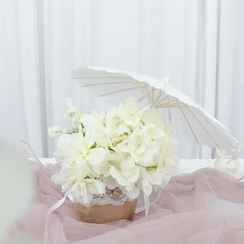 Vista 6 de Efavormart - Paquete de 4 mini paraguas de papel blanco de 16 pulgadas, pequeños detalles de bambú para centros de mesa caprichosos, recuerdos