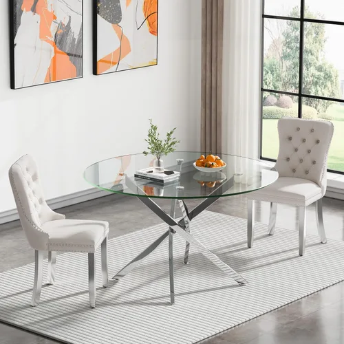 Vista 88 de Juego de mesa de comedor SSLine moderno de 3 piezas con mesa redonda de vidrio para 2, lujosa mesa de comedor circular de 36" con tapa de vidrio