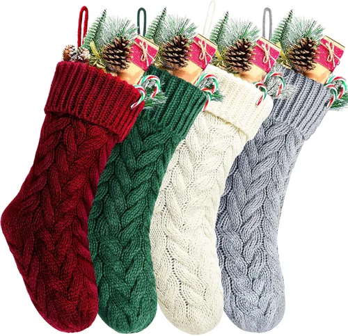 Vista 11 de Medias de Navidad, 18 pulgadas, calcetines de punto trenzado azul para decoración de Navidad, paquete de 4