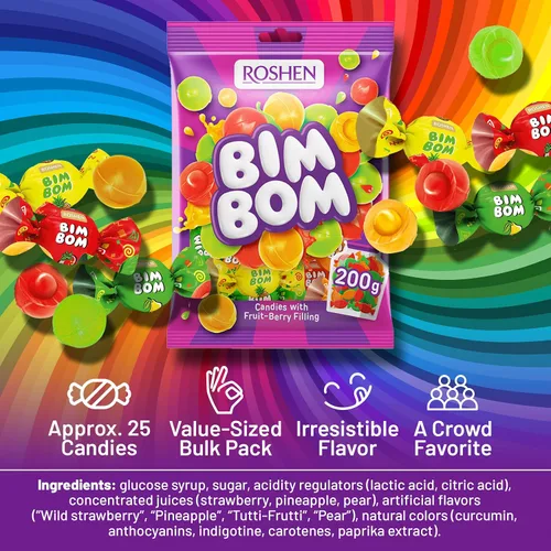 Vista 4 de Roshen Bim Bom Caramelos Duros – Caramelos surtidos rellenos de frutas y bayas, envueltos individualmente, a granel de 16.5 oz (468g)