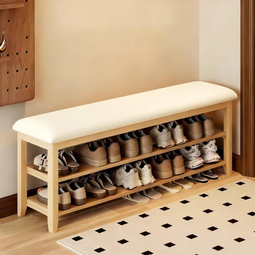 Vista 12 de Banco de almacenamiento de zapatos de madera con cojín de cuero, marrón oscuro, 39.4 pulgadas Rustic Solid Wood Entryway Bench, Shoe Rack Bench