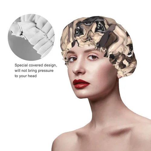 Vista 4 de Lindo gorro de ducha de perro carlino para mujer, doble capa impermeable, sombrero de ducha grande diseñado para todos los cabellos