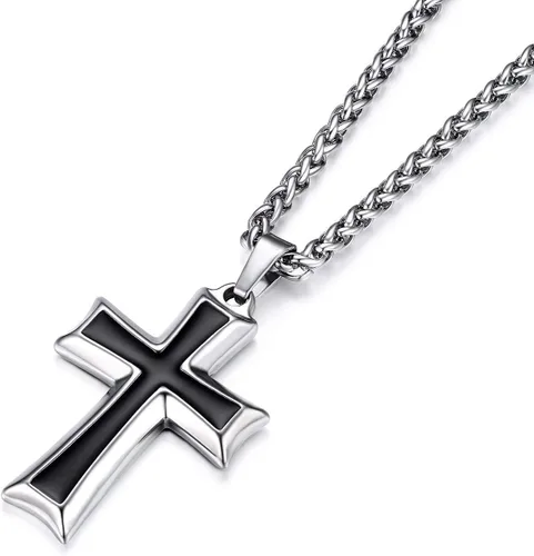 Vista 7 de HZMAN Collar con colgante de cruz de acero inoxidable para hombres con cadena de trigo Negro & rojo