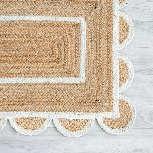 Vista 4 de Alfombra festoneada de yute natural, base natural, borde blanco hueso, 2 x 3