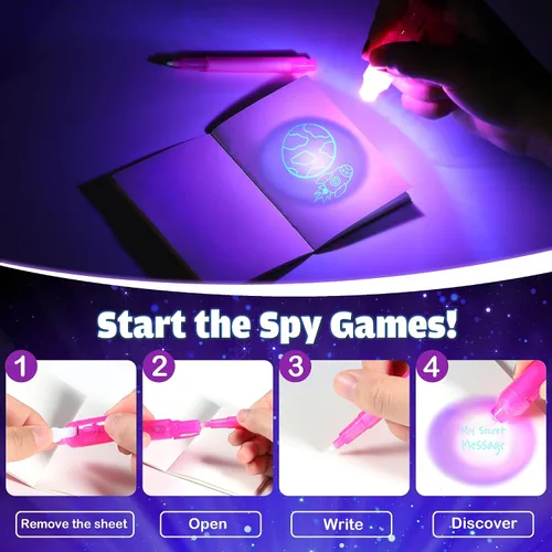 Vista 2 de Joycover Bolígrafo de tinta invisible con luz UV para niños, 28 unidades de bolígrafos espías para niños de 4 a 8 a 12 años, suministros de fiesta