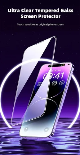 Vista 4 de Protector de pantalla de vidrio templado para iPhone 14 Pro Max, película de vidrio templado con fácil instalación, antiarañazos y sin burbujas