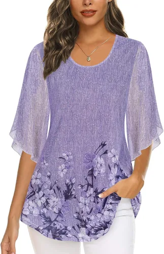 Vista 2 de Ninedaily Blusas de manga 34 para mujer, estilo casual, de doble capa, de malla, tipo túnica