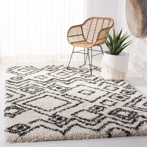 Vista 6 de SAFAVIEH Belize Shag Collection - Alfombra para pasillo, 2 pies 3 pulgadas x 11 pies, color carbón y marfil, diseño tribal bohemio, no desprende