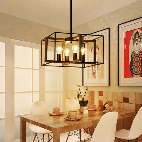 Vista 8 de XINGQI Candelabro cuadrado de 4 luces, lámpara de granja, moderna iluminación colgante para cocina, isla, comedor, sala de estar, acabado de grano
