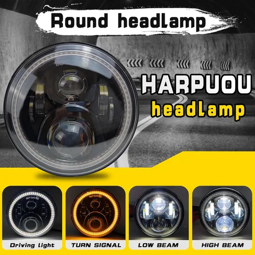 Vista 2 de Faros redondos LED de 7 pulgadas con halo DRL blanco, señal de giro ámbar, compatibles con JK JKU TJ