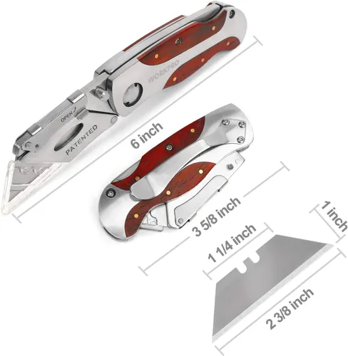 Vista 2 de WORKPRO - Cuchillo de uso de cambio rápido, mango de madera estilo retro, cuchillo plegable con clip