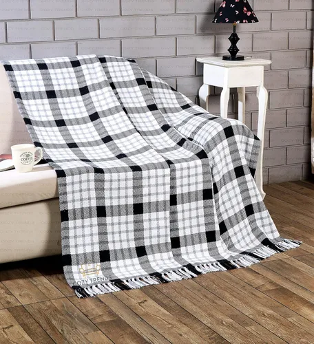 Vista 2 de Manta de algodón a cuadros para sofá, manta de granja con patrón de cuadros, tejido suave con flecos decorativos, ligera para cama, sofá, silla