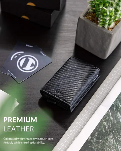 Vista 5 de Cartera plegable de cuero genuino con compartimento para billetes, ventana de identificación y bolsillo para monedas