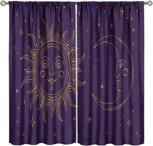 Vista 30 de Cortinas opacas con diseño de sol y luna, cuerpos celestes bohemios, con diseño de sol, luna y estrellas, para sala de estar, dormitorio, 42 x 45